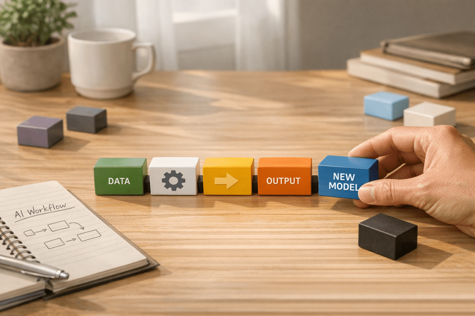 A calm office desk with interchangeable blocks representing AI workflow components and fallback options