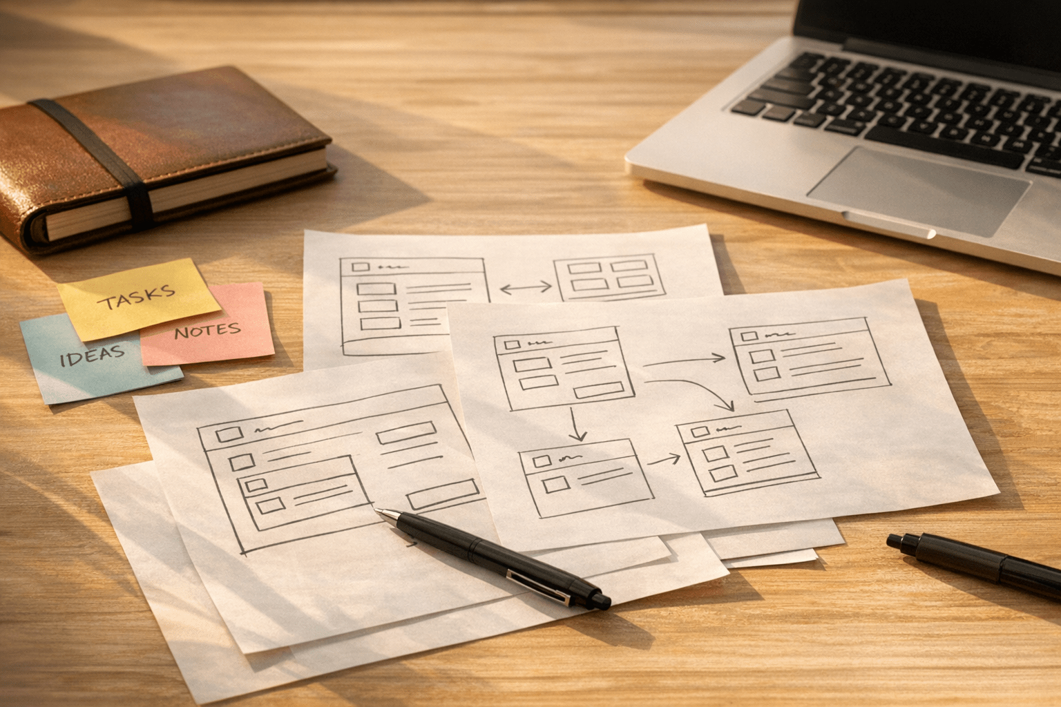 A clean desk with paper interface sketches, sticky notes, and a laptop used to plan an internal workflow prototype before automation.