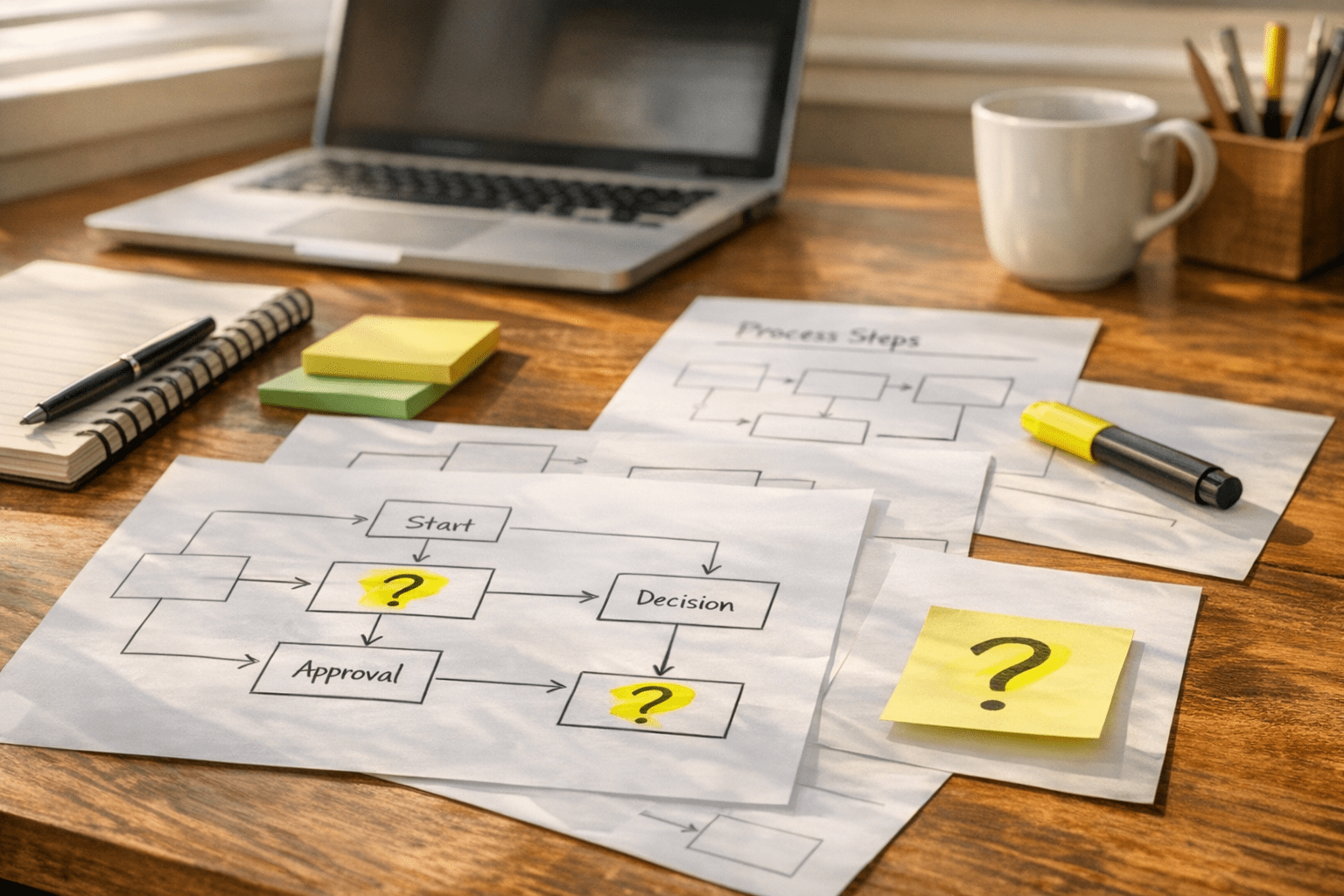 A calm office desk with printed process notes, a laptop, and highlighted customer questions used to clarify business workflows.