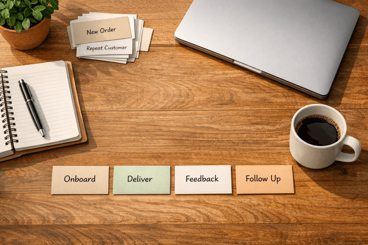 A calm office workbench with customer notes, a simple delivery folder, and follow-up cards arranged into a repeatable revenue loop.