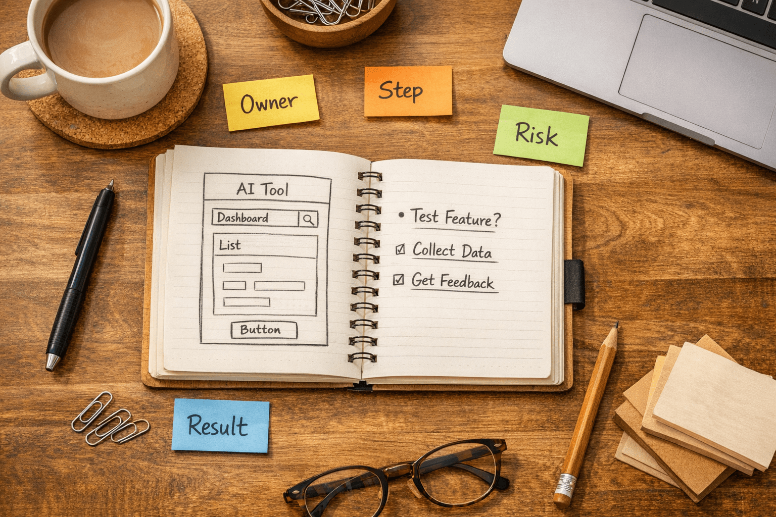 A calm office desk with a notebook, sticky notes, and a simple prototype sketch representing workflow idea validation before building.