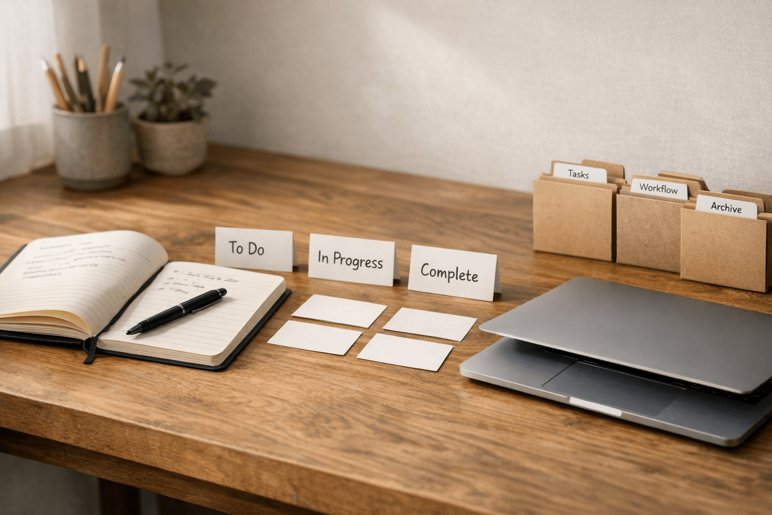 A calm desk setup with notebooks, task cards, and tools arranged to represent repeatable AI-assisted business operations.