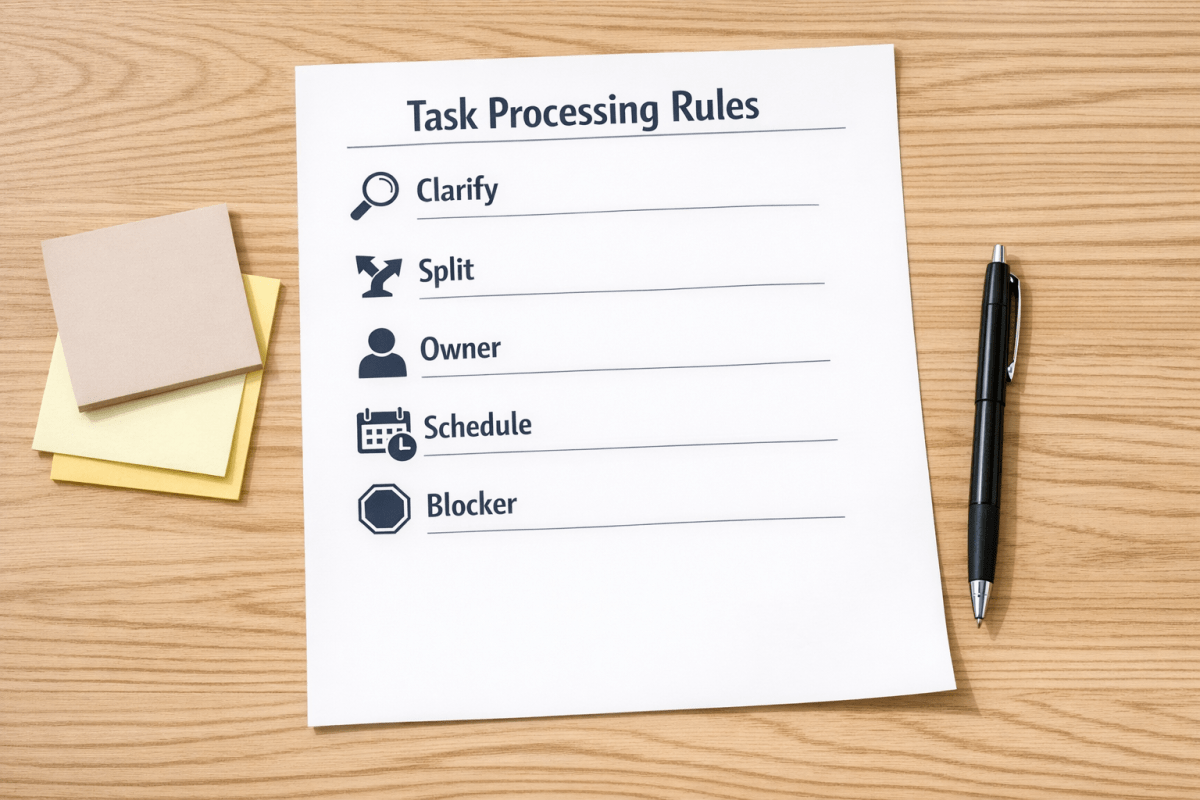 A printed worksheet showing simple rules for processing tasks into clear next actions.