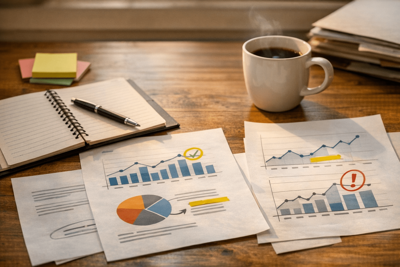 A calm office desk with printed reports, a notebook, and highlighted decision points showing reliable reporting workflow planning.