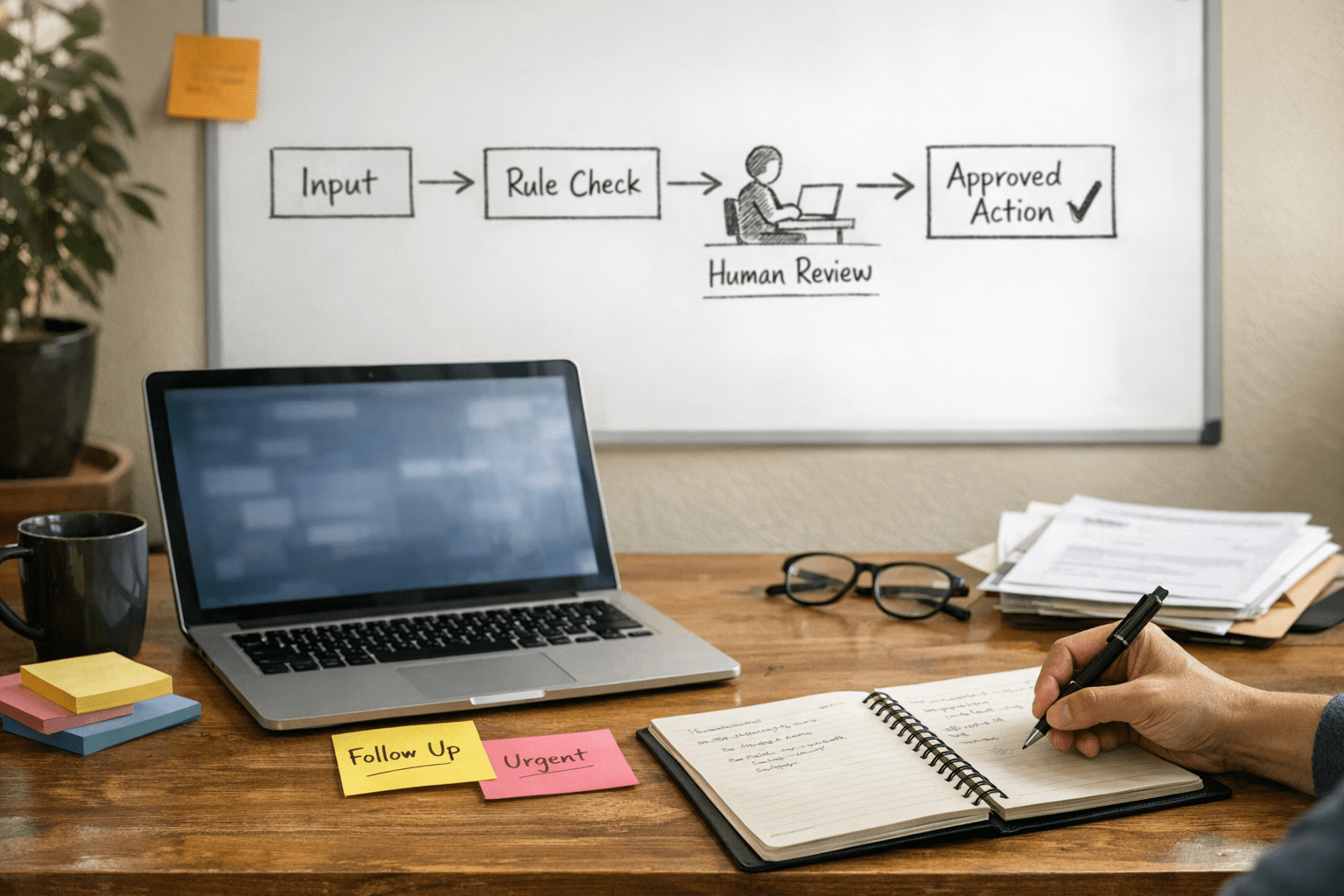 A calm office desk with printed workflow notes, sticky notes, and a pencil used to validate an automation idea before building it.