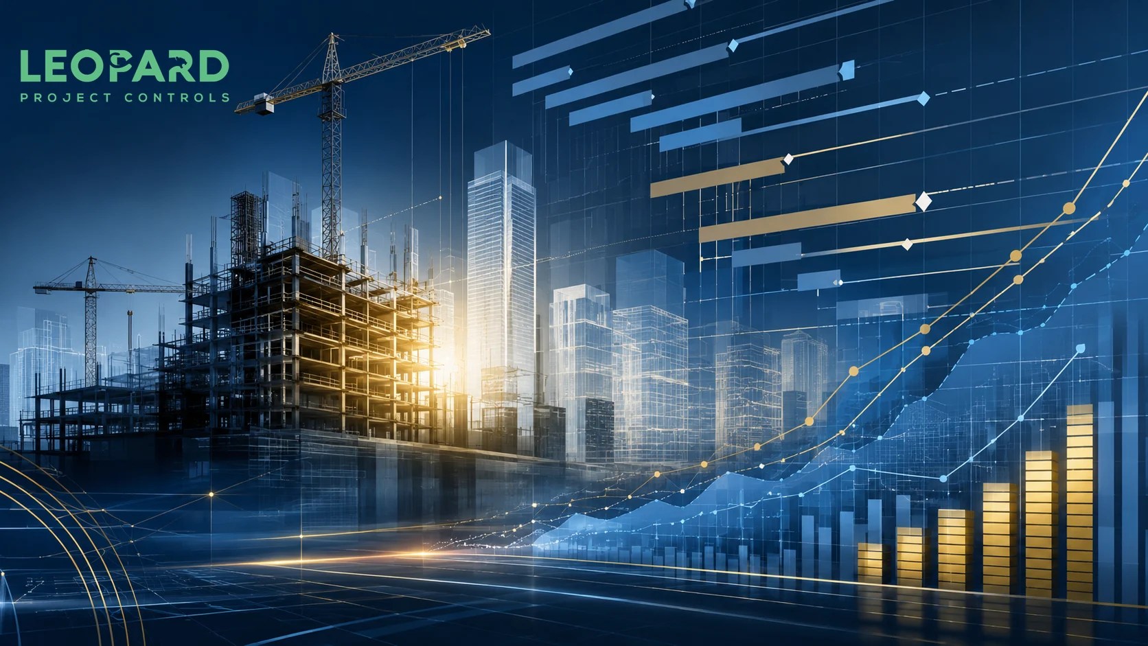 Cost-loaded construction schedule dashboard showing CPM schedule, cash flow forecasting, earned value, payment applications, and project controls data