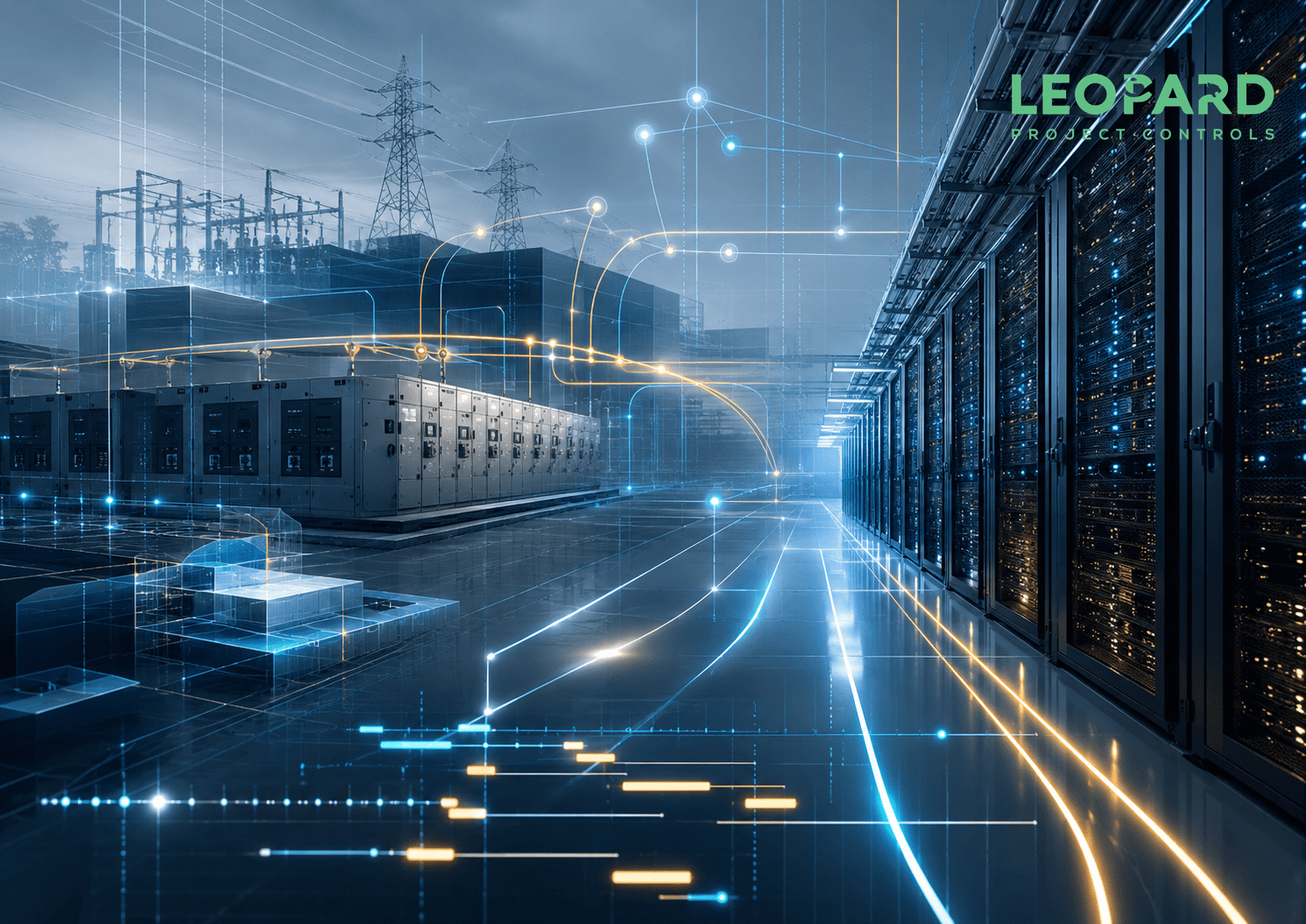 Data center power infrastructure showing utility coordination, electrical procurement, commissioning milestones, integrated systems testing, and CPM schedule logic