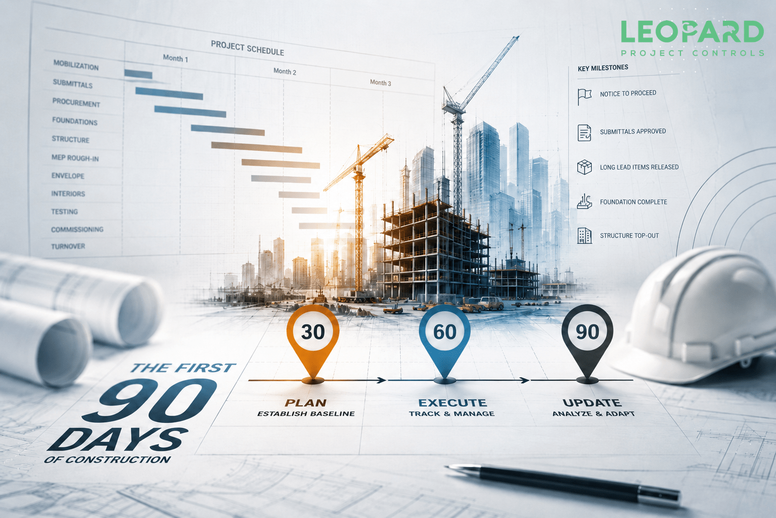 Construction CPM scheduling process during the first 90 days after notice to proceed, including baseline development, procurement integration, field planning, and the first monthly schedule update