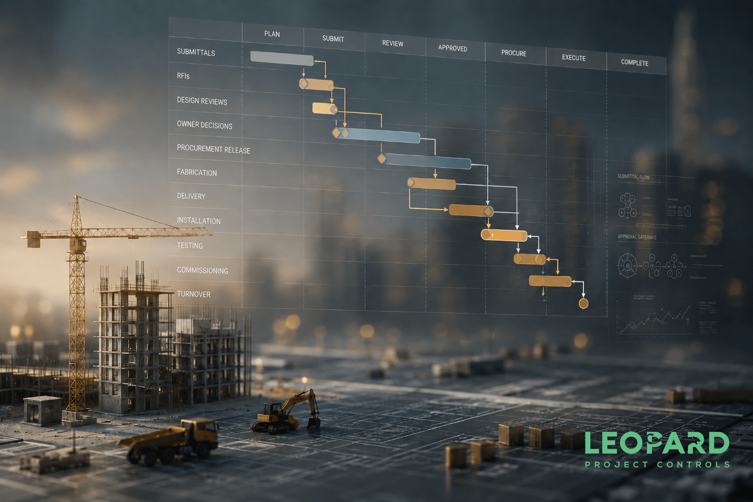 Construction submittal schedule management process showing RFIs, approval workflows, procurement tracking, CPM scheduling, and critical path coordination