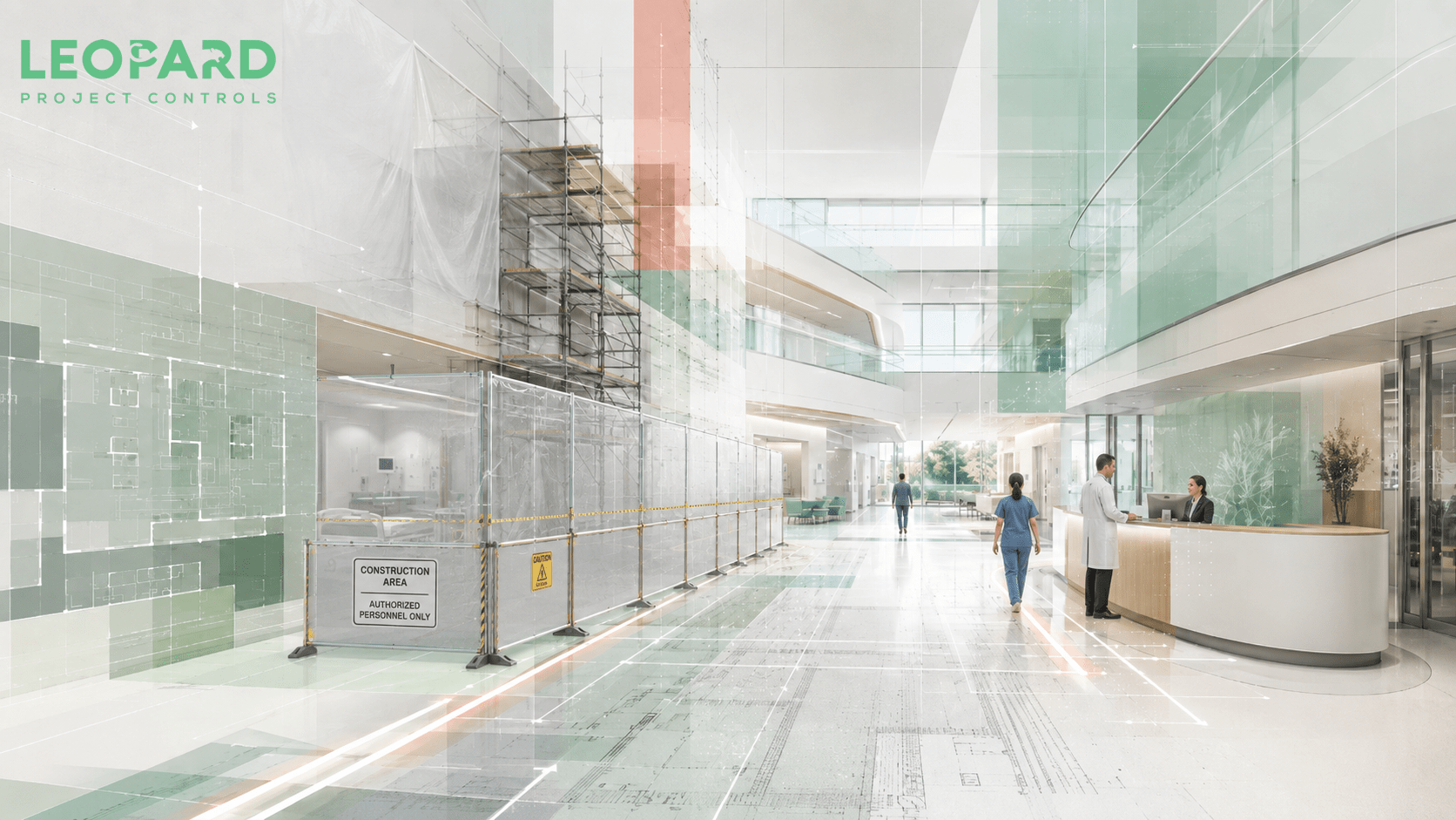 Hospital renovation scheduling showing CPM construction phasing, utility shutdowns, commissioning, operational readiness, and occupied healthcare facilities