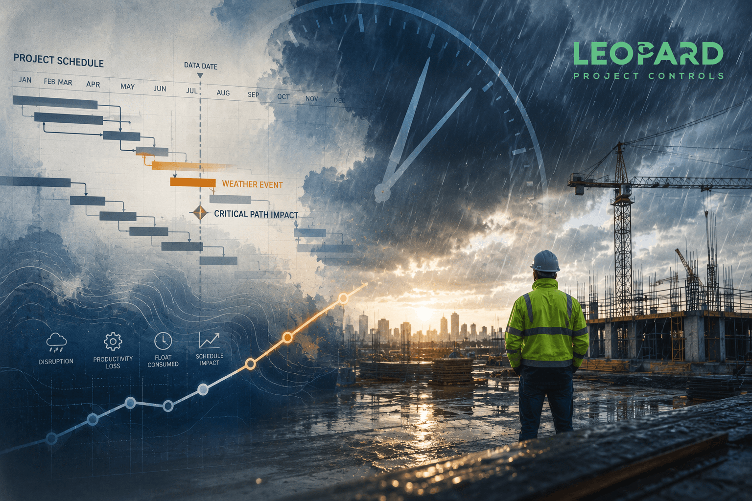 Weather delays in construction scheduling affecting CPM activities, critical paths, float, and project completion