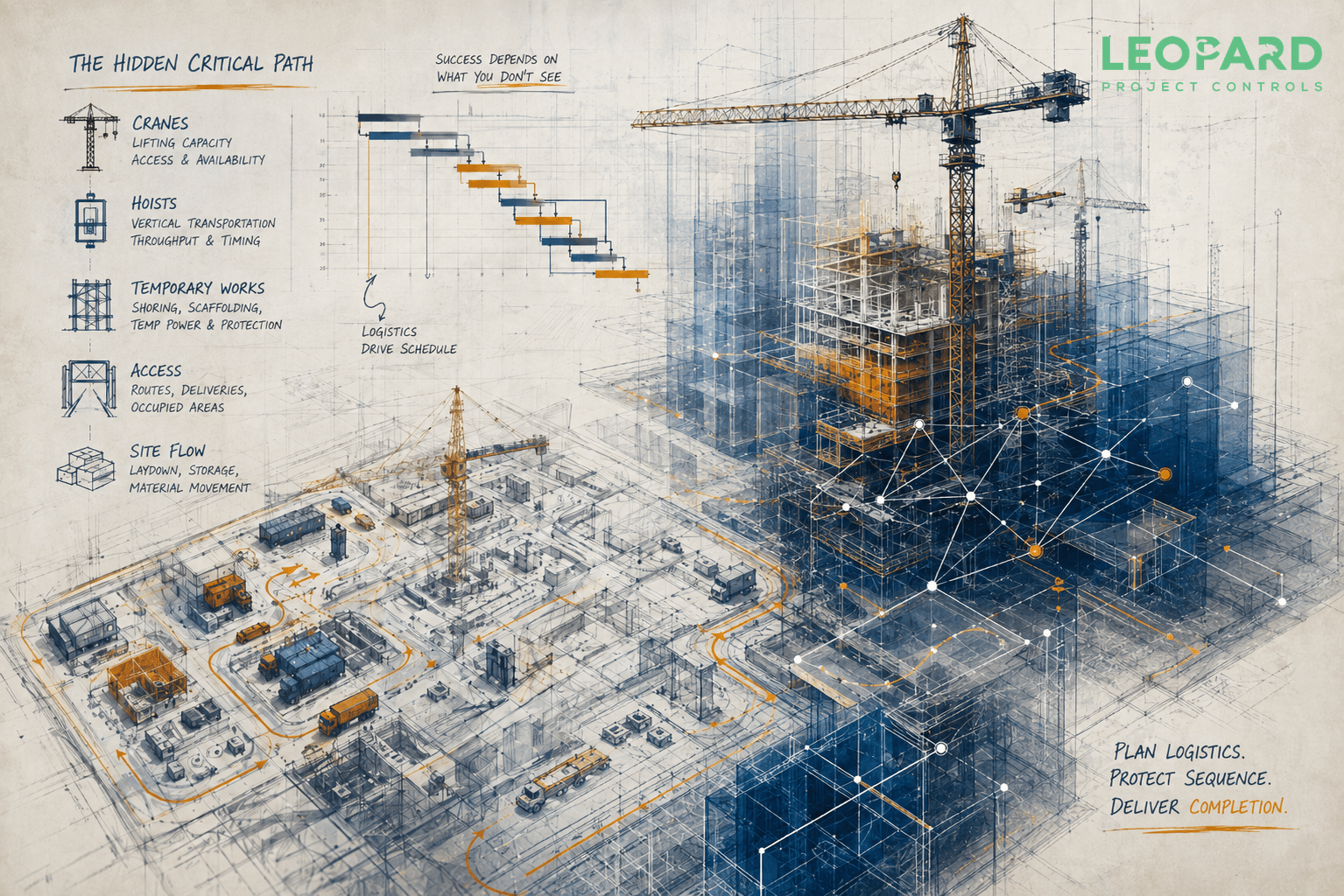 Construction logistics showing cranes, hoists, temporary works, site access, and material flow affecting the critical path