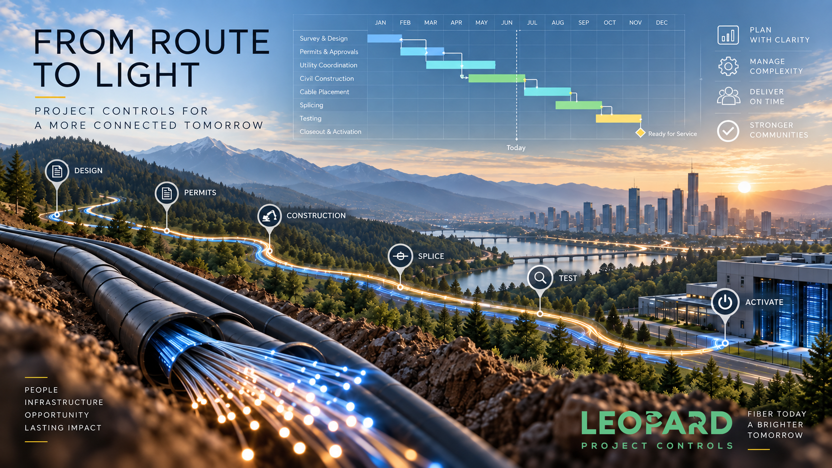 Fiber construction schedule showing permitting, civil work, cable placement, splicing, testing, and network activation