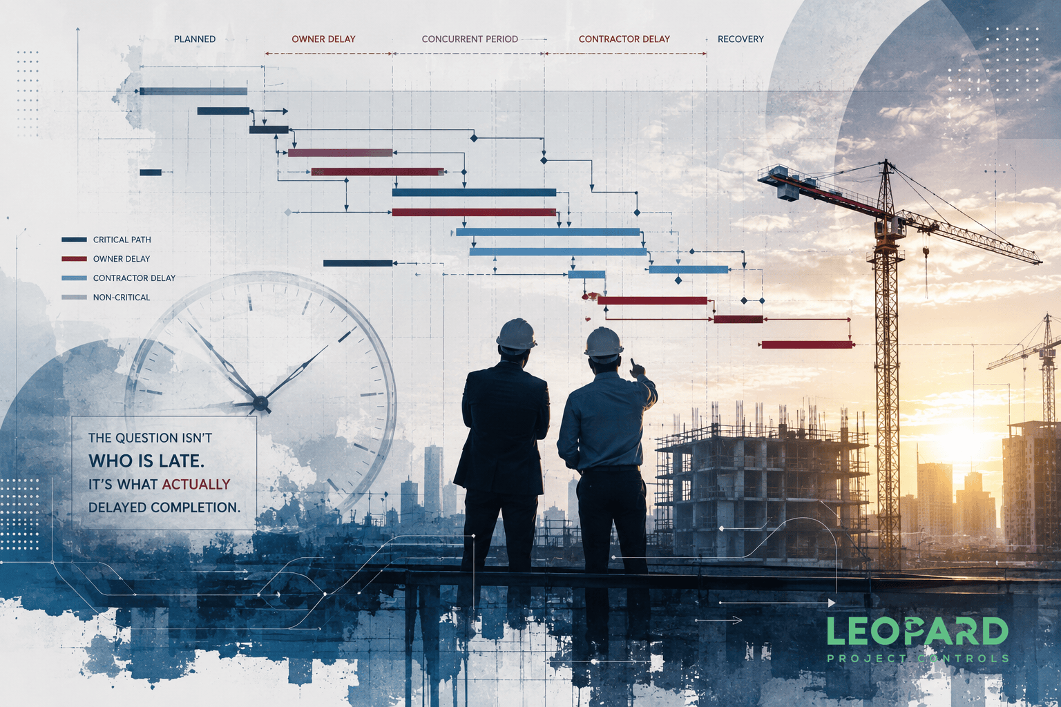 Concurrent delay in construction showing owner and contractor delays, CPM critical paths, float, and schedule analysis