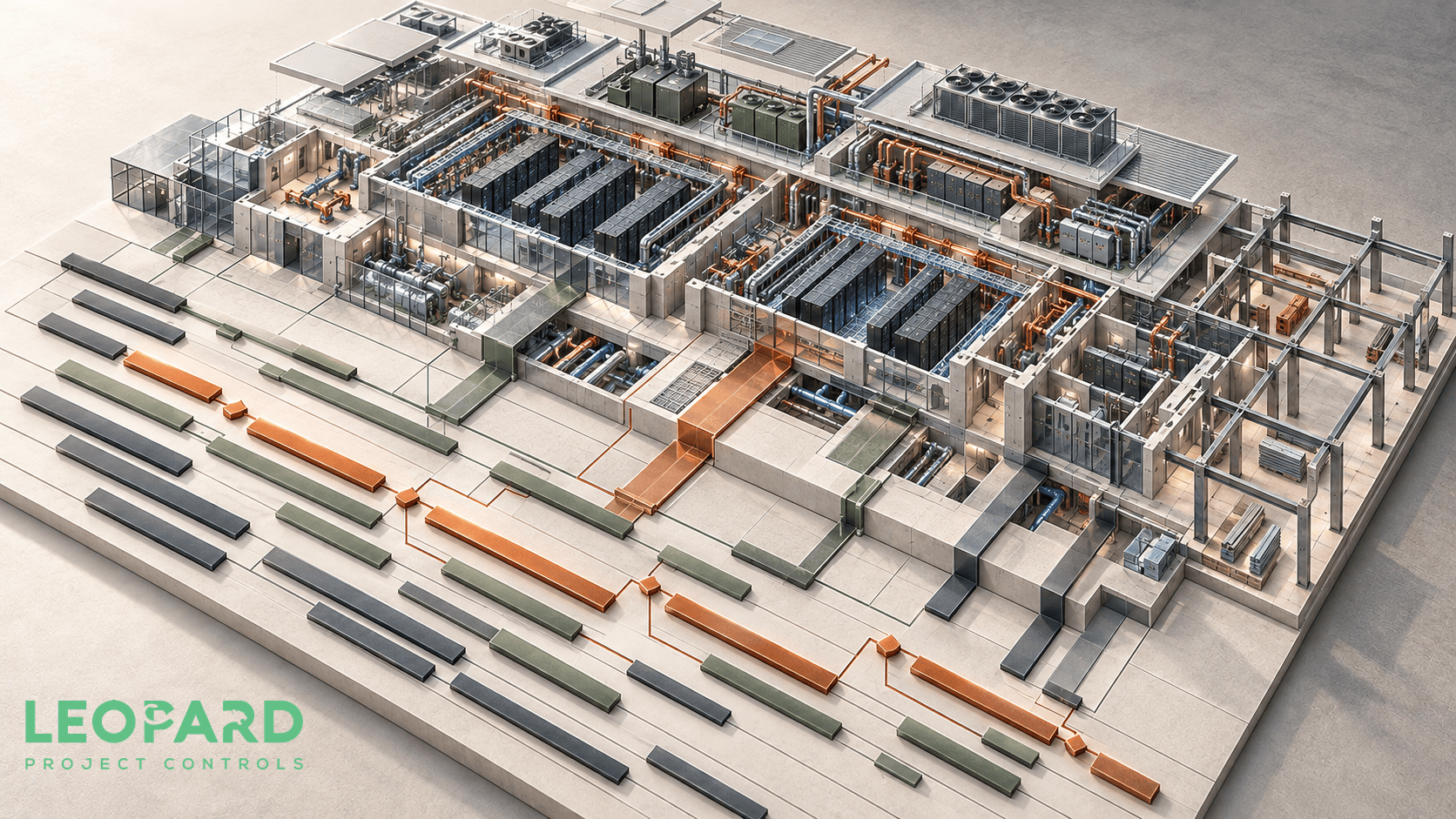 Data center construction scheduling with procurement, MEP coordination, commissioning, progress tracking, and project controls