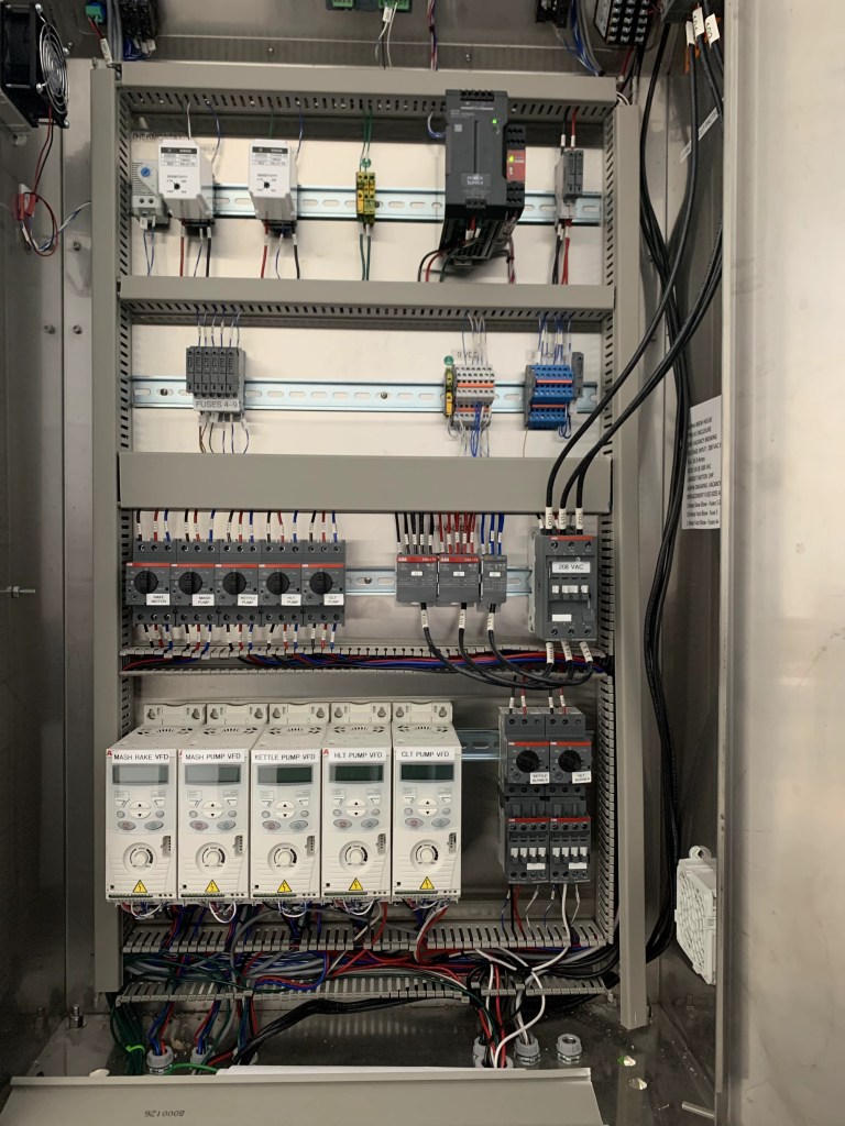 Industrial control panel with breakers, temperature controllers, and field wiring