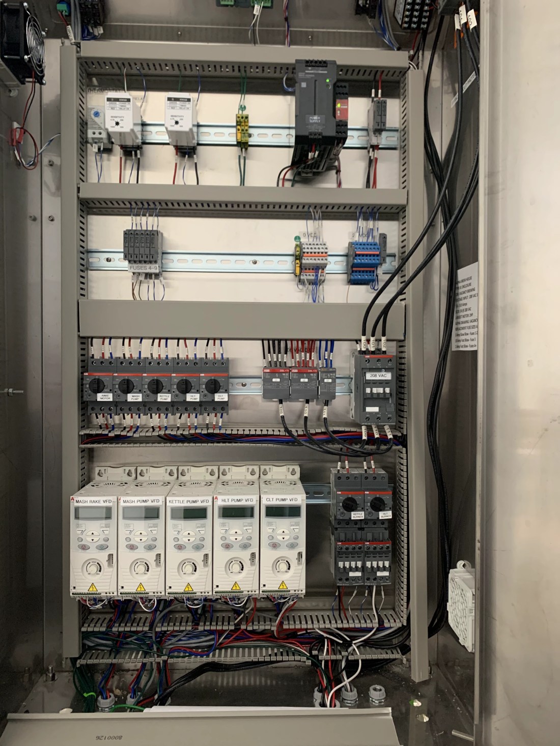 Industrial control panel with breakers, temperature controllers, and field wiring