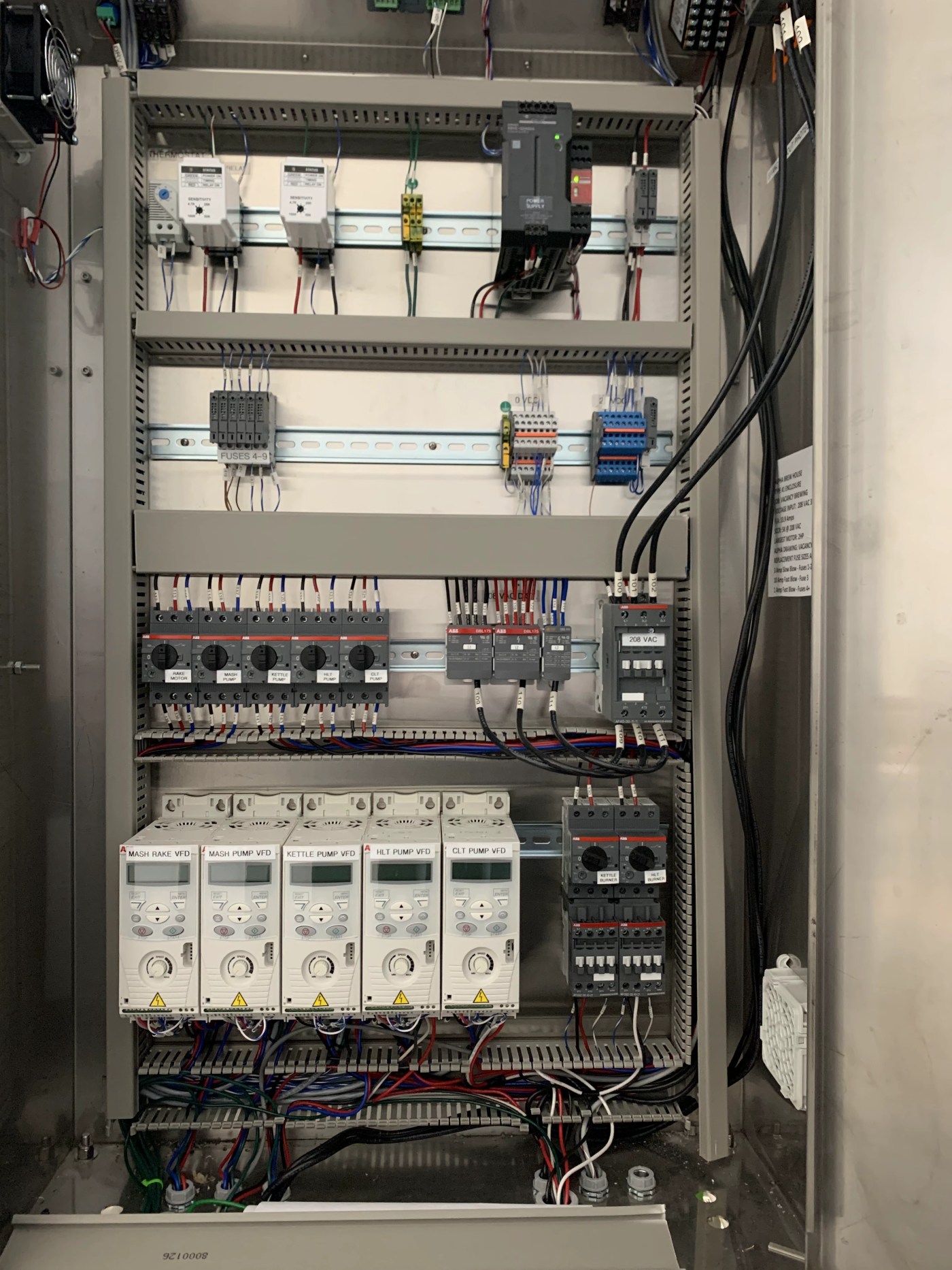 Industrial control panel with breakers, temperature controllers, and field wiring