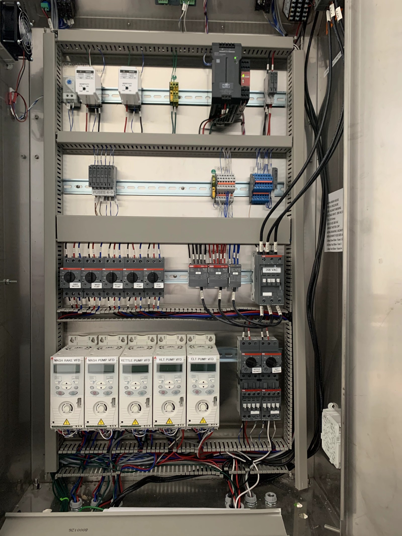 Industrial control panel with breakers, temperature controllers, and field wiring