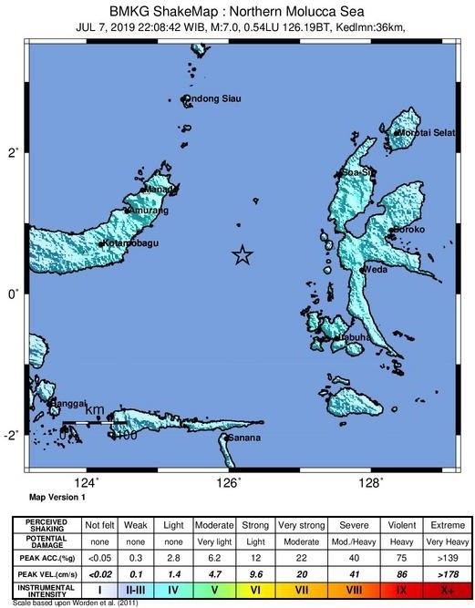 Ulasan Guncangan Tanah Akibat  Gempabumi Di Laut Maluku Utara 07 Juli 2019
