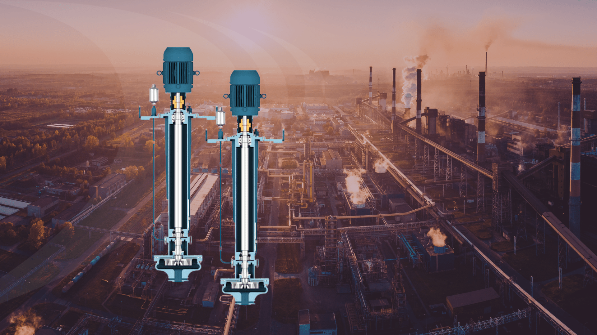 Imagem de uma bomba industrial vertical com motor azul na parte superior, conectada a um eixo cilíndrico longo e base metálica. O fundo é bordô com linhas curvas abstratas, conferindo um visual técnico e moderno,