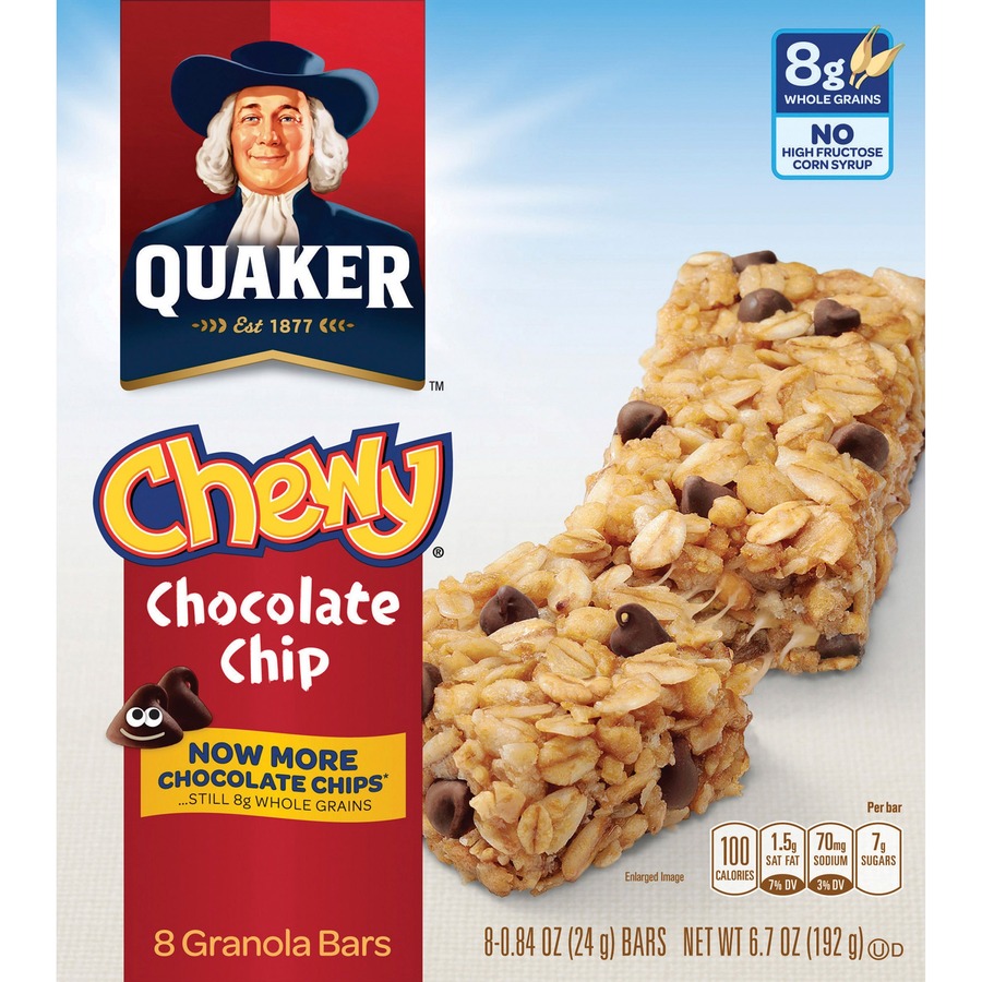 There are 100 calories in 1 bar (0.8 oz) of quaker chocolate chip chewy granola bar. Quaker Oats Chocolate Chip Chewy Granola Bars Individually Wrapped Chocolate Chip 6 70 Oz 8 Box Icc Business Products