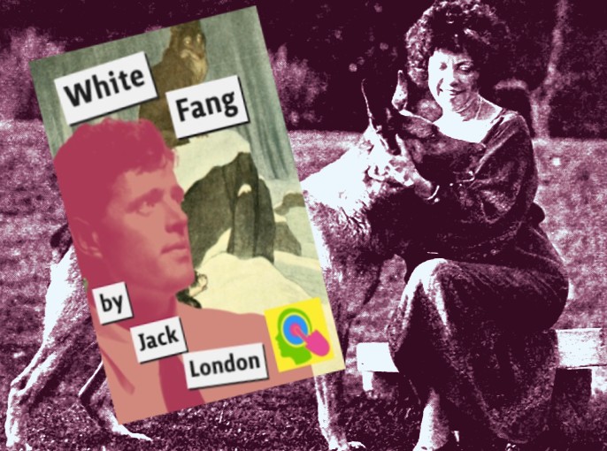 At the forefront is an book cover image for White Fang by Jack London. The background is a still from the 1925 film version, with Strongheart the dog being petted by Charmain London, Jack's widow. It is dated May 30, 1925. The image has been colorized with a purple tone. It's not a great cover image tbh.