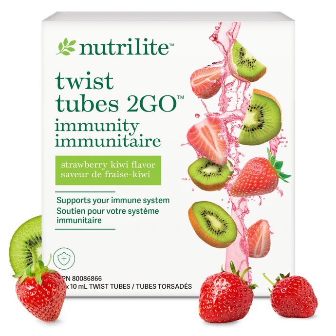 HYDRATE WITH ON-THE-GO IMMUNE SUPPORT&ndash; When life gets busy, you need easy nutrition support. Nutrilite&trade; Twist Tubes 2GO&trade; Immunity Health packs big benefits in a concentrated drink mix, so you can support your immune health from anywhere. Each refreshing strawberry-kiwi flavored twist tube is designed to enhance your water with important nutrients, like 1000 mg of vitamin C and vitamins B1, B2, B3 and B6.