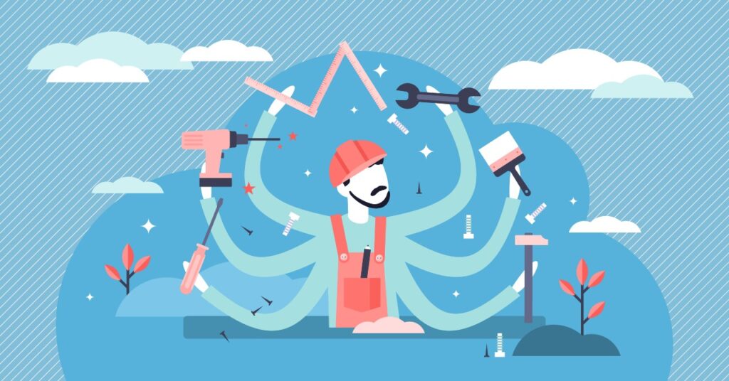 Why Structured Content is Essential for Big Companies – With or Without AI | Content Rules | Illustration of a man juggling tools