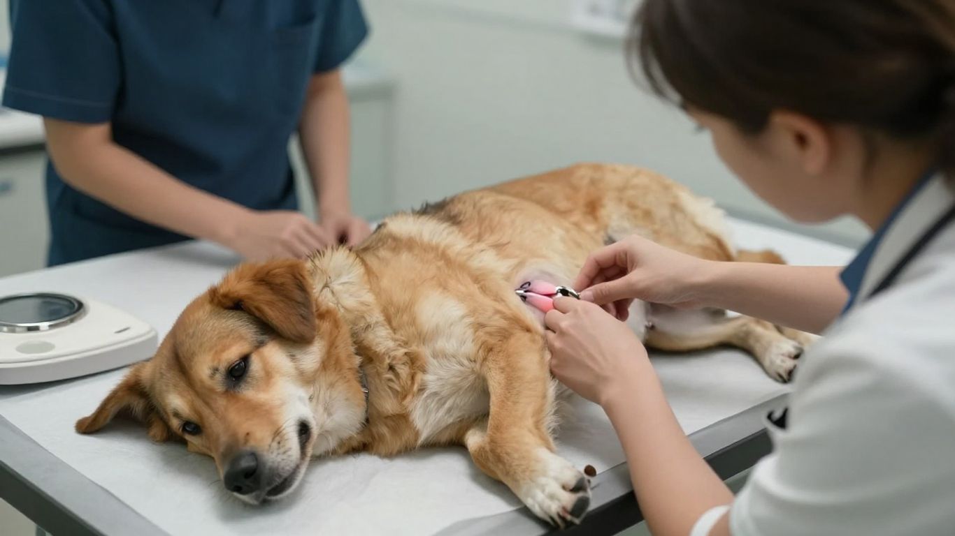 Veterinarian examining dog for internal health changes