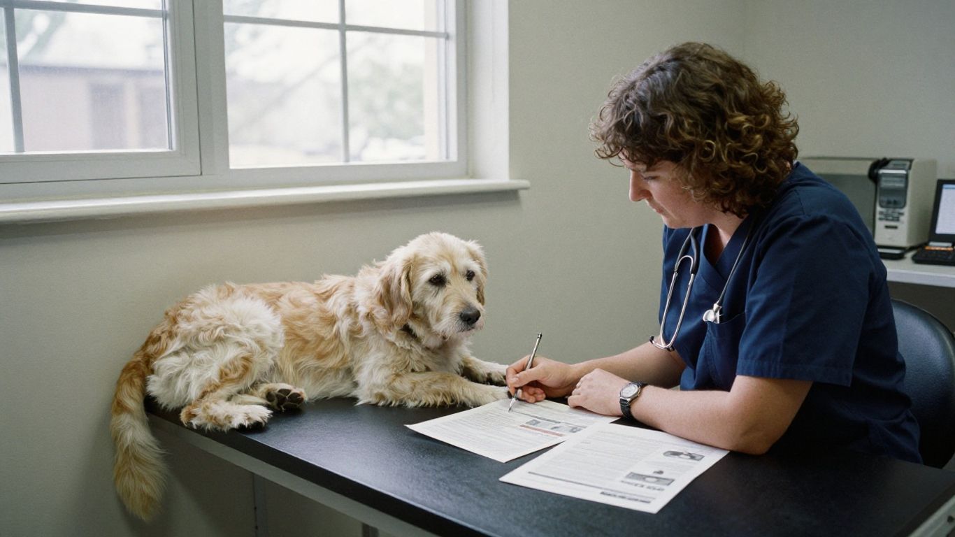 Veterinarian reviewing canine cancer research with a dog owner