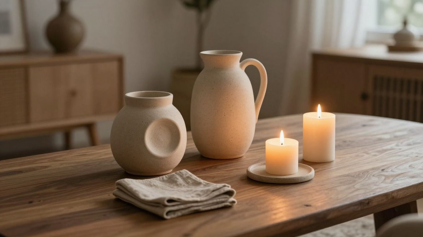 Warm candles beside sculptural holders