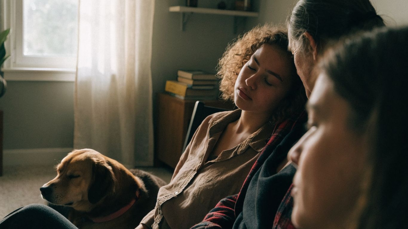 Dog resting beside owner during a quiet conversation
