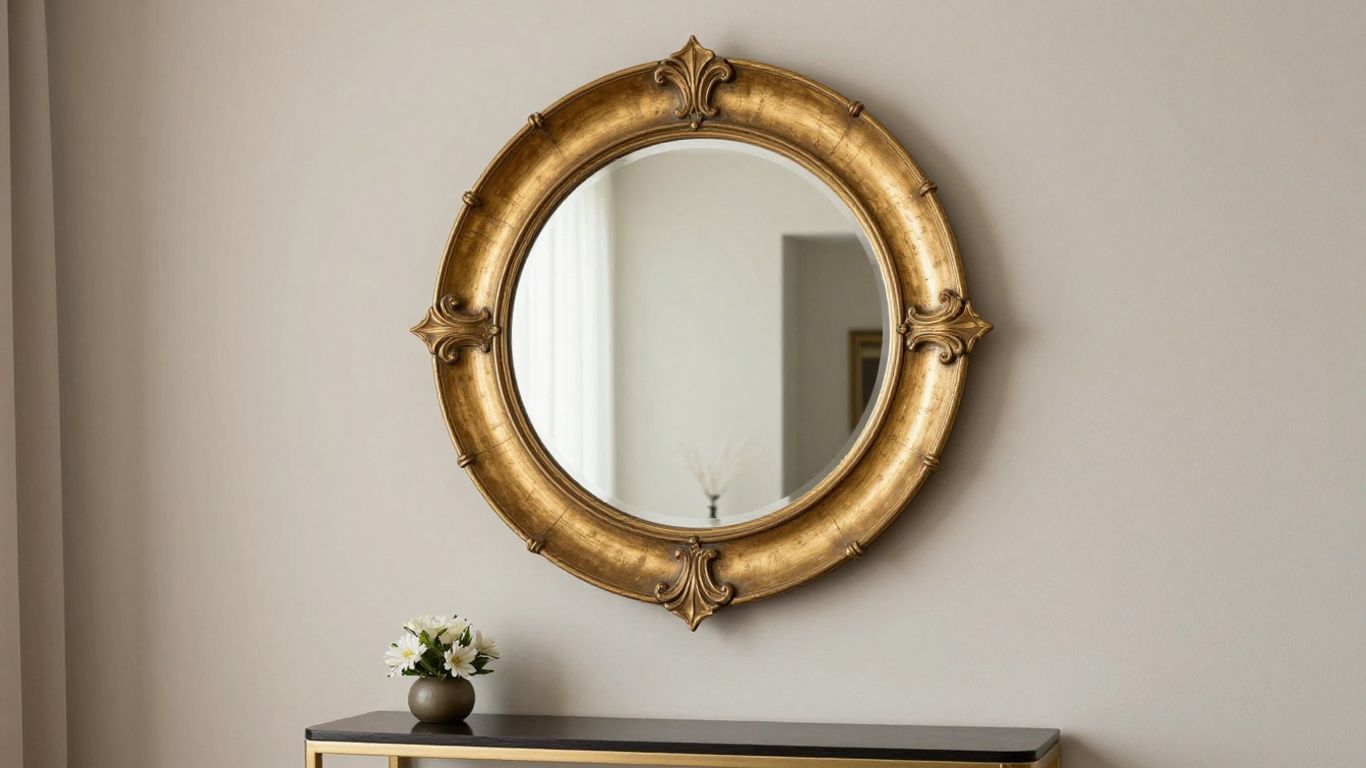 Statement round gold mirror on hallway wall
