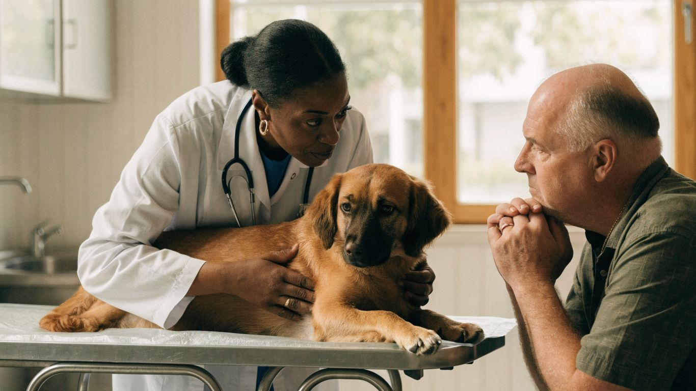 Veterinarian gently examining a calm dog