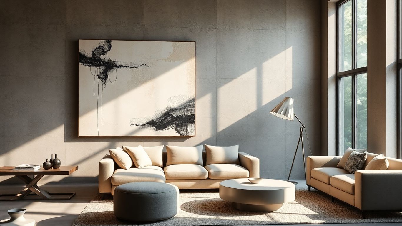 Modern living room with textured wall and abstract art.