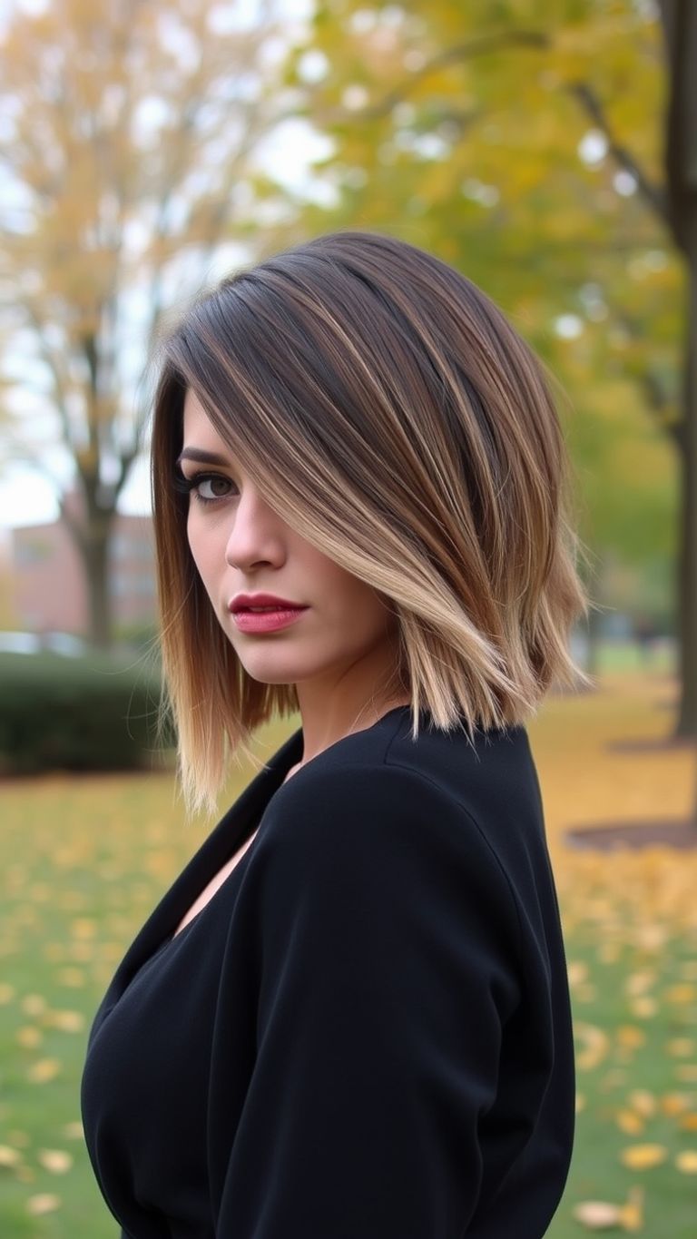 Woman with angled long lob haircut