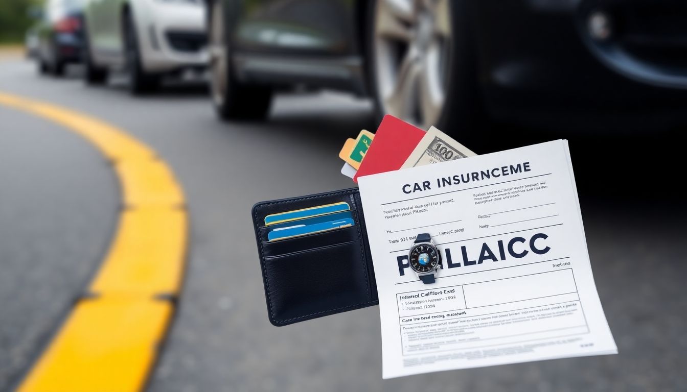 Documenti assicurativi con portafoglio e auto sullo sfondo.