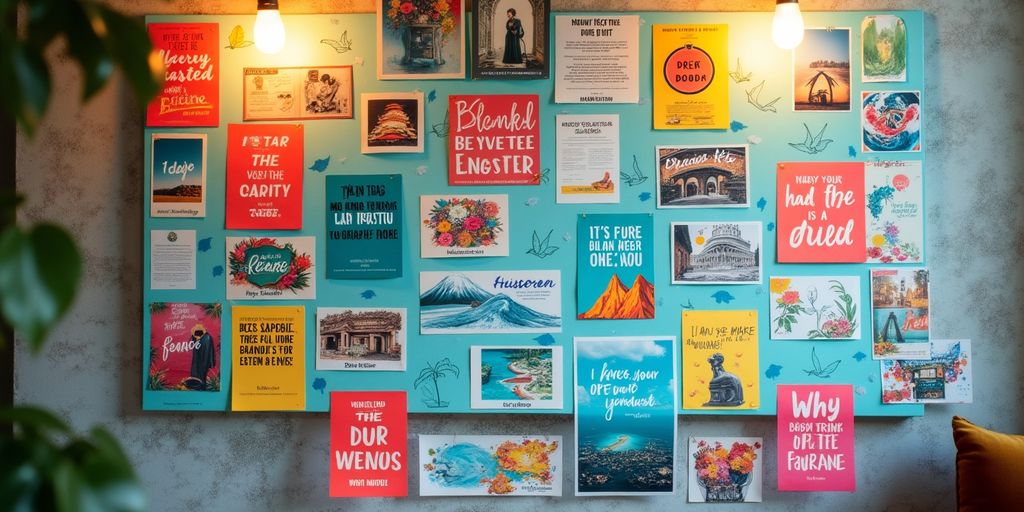 A colorful vision board with inspiring images and themes.