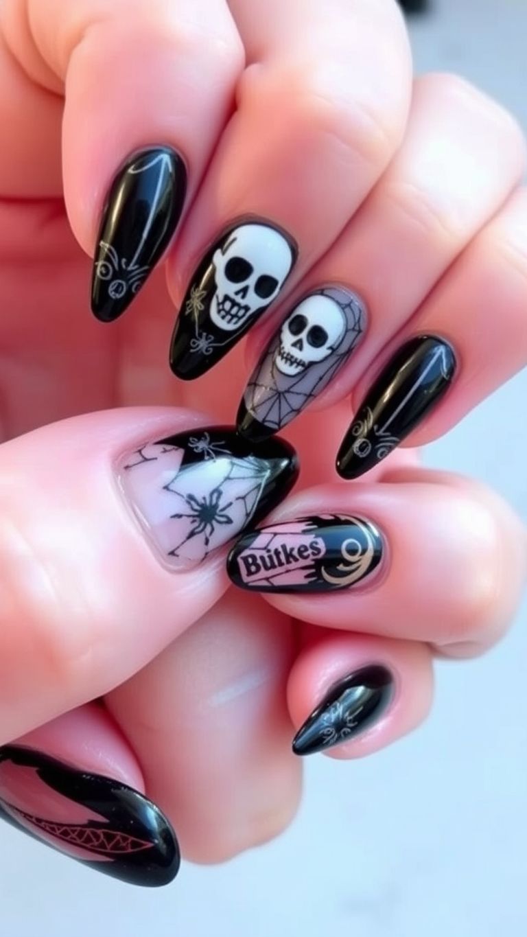 Halloween-themed nails with gothic designs.