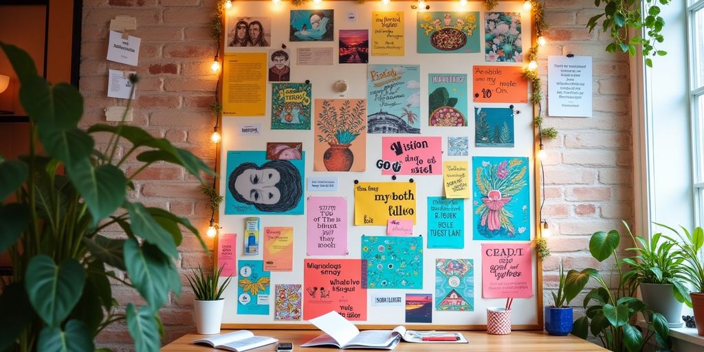 A colorful vision board with diverse images and materials.