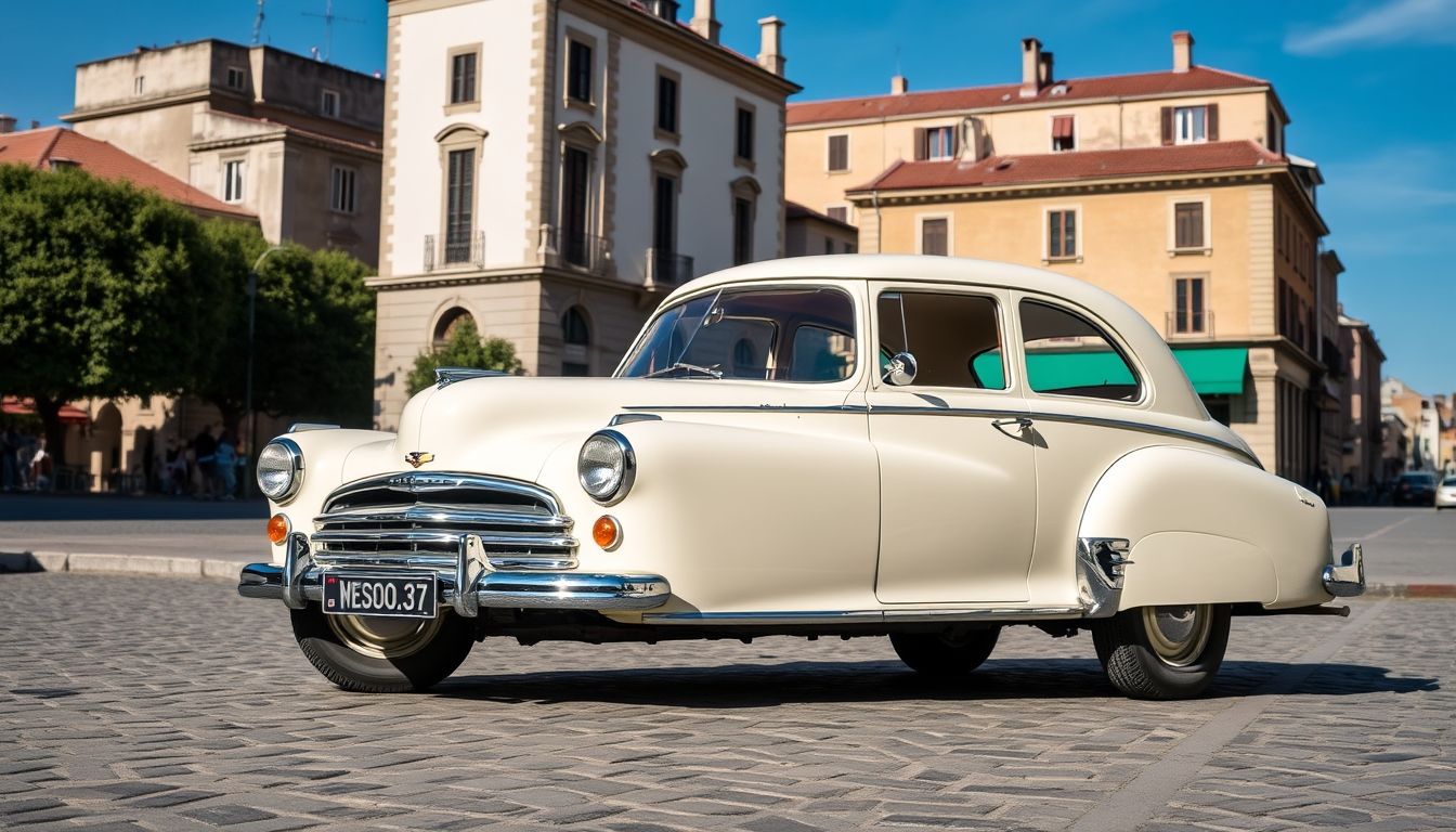 Vintage car on cobblestone street
