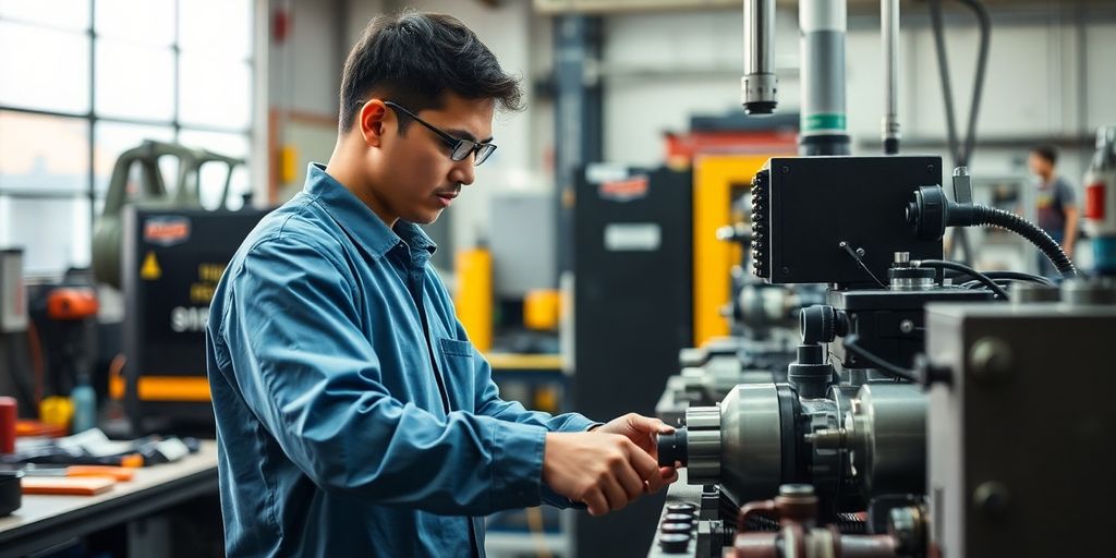Técnico trabalhando em oficina moderna com equipamentos avançados.
