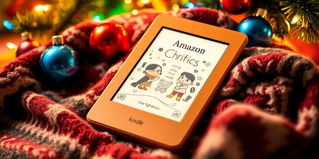 Amazon Kindle ColorSoft with Christmas decorations around it.