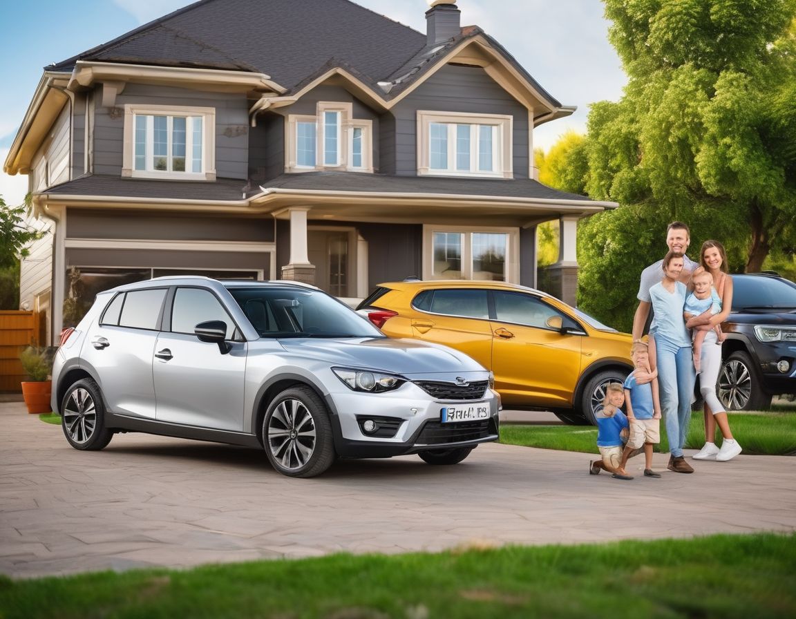car insurance protection, family with car, safe driving, financial security, home and car, happy family, urban setting