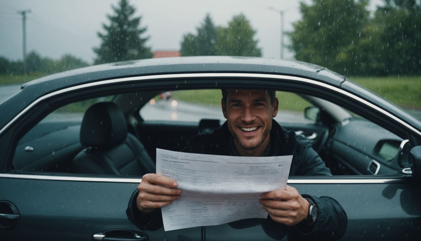 Driver holding insurance papers during a storm