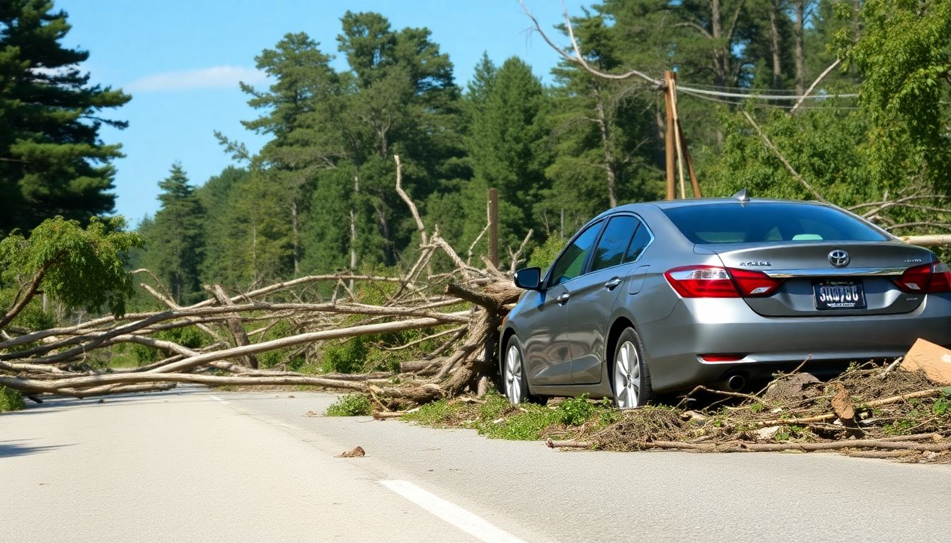 Auto danneggiata da eventi naturali su strada.