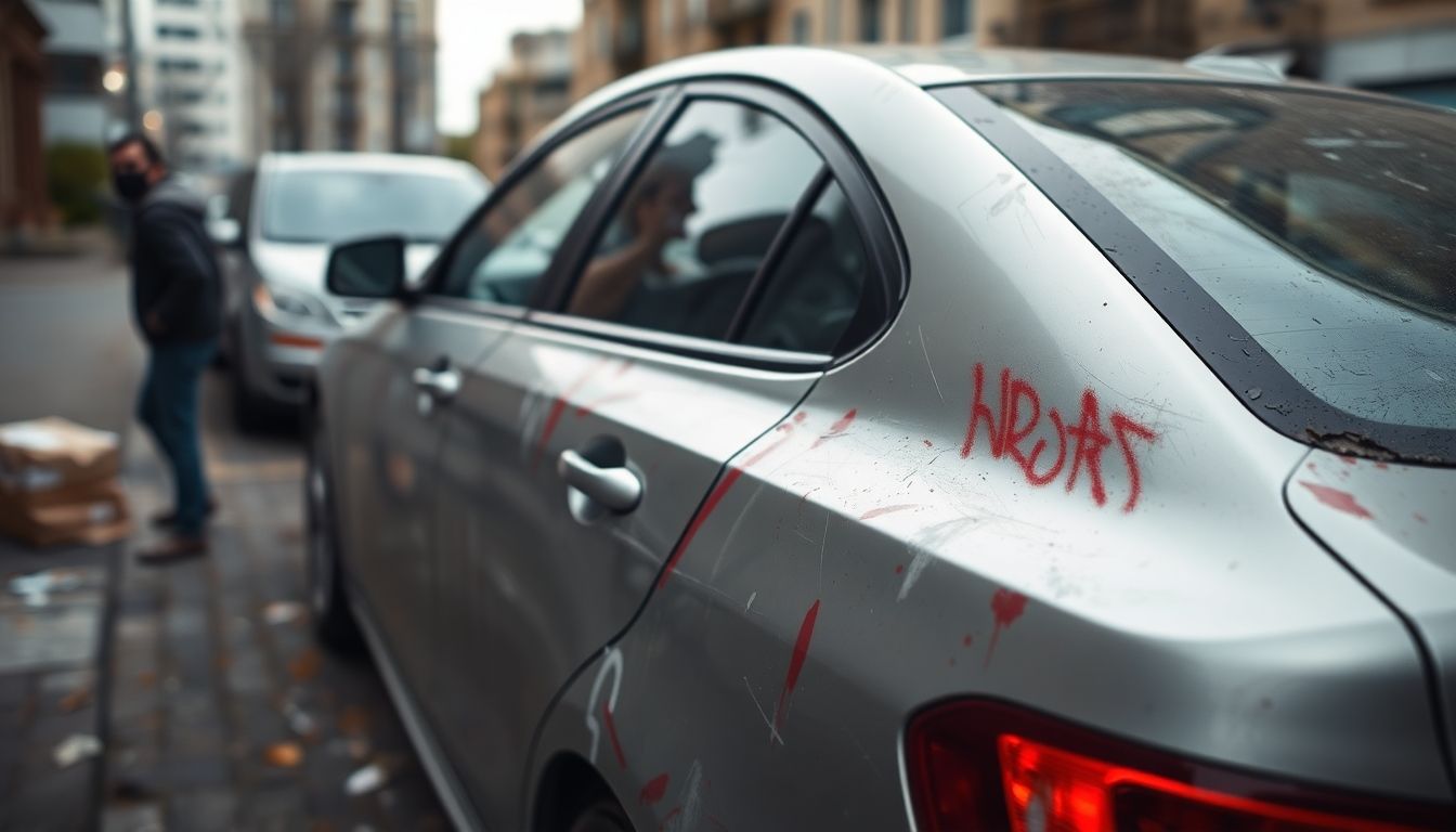 Auto danneggiata da atti vandalici con graffiti.