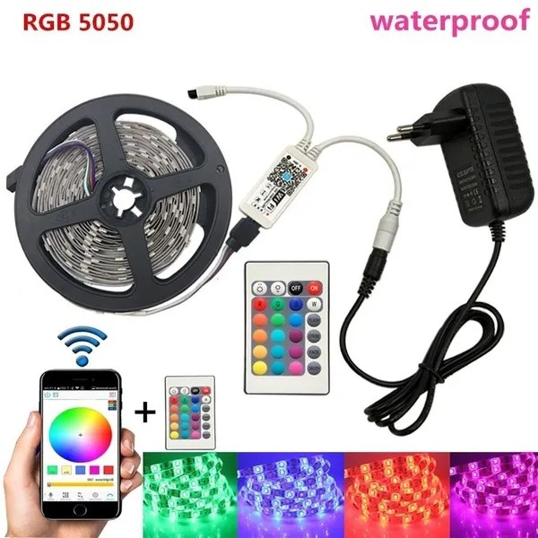 Waterproof 5050 5m Rgb Led Strip Light Flexible Diode Ribbon Tape Lighting Dc12vled Ceiling Wall Light Wifi Ir Control Powe Adapter