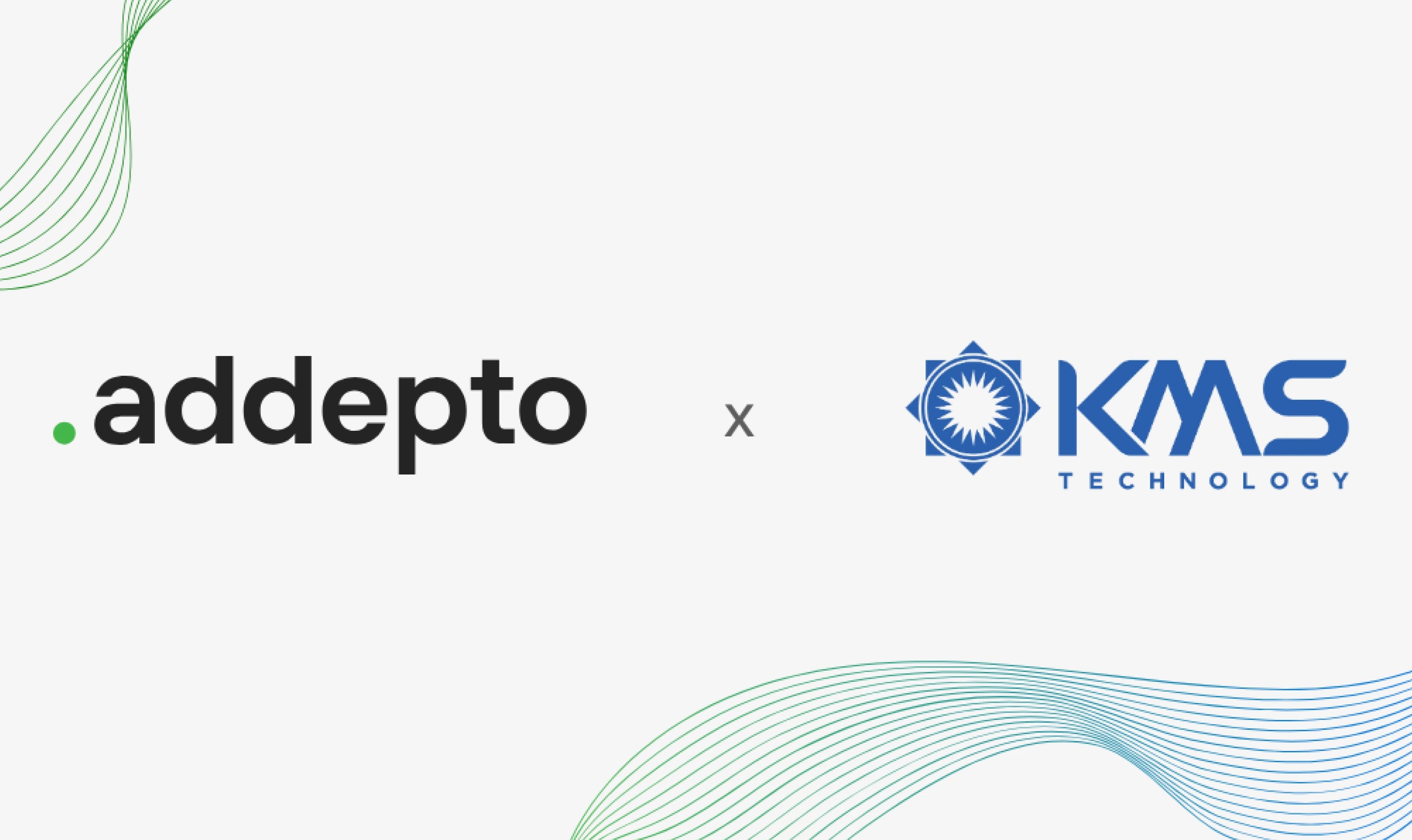 Adepto and KMS Technology logos displayed side by side with an ‘x’ between them on a white background, with subtle green and blue wave lines as decorative elements